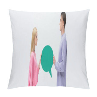 Personality  Side View Of Man And Woman In Sweatshirts Holding Speech Bubble Isolated On Grey, Banner  Pillow Covers