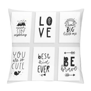 Personality  Cute Hand Drawn Nursery Printable Posters With Simple Cartoon Illustration And Lettering In Scandinavian Style. Monochrome Vector Illustration Pillow Covers