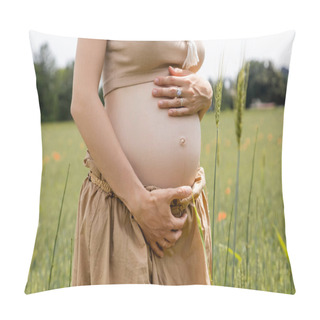 Personality  Cropped View Of Pregnant Woman Touching Belly Near Blurred Spikelets In Field  Pillow Covers