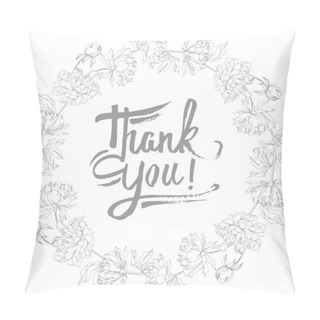 Personality  Vector Grey Peonies With Leaves Isolated On White. Round Frame Ornament With Thank You Lettering. Pillow Covers