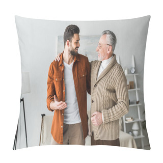 Personality  Handsome Man Gesturing And Looking At Cheerful Senior Father  Pillow Covers