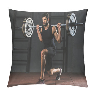 Personality  Young Sportsman Doing Exercise With Barbell On Shoulders In Gym Pillow Covers