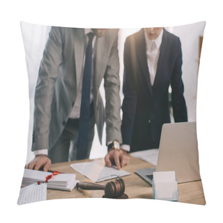 Personality  Partial View Of Lawyers In Suits Working Together On Project At Workplace With Gavel And Laptop In Office Pillow Covers