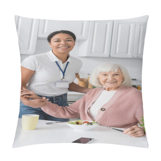 Personality  Happy Multiracial Social Worker Holding Hands Of Thankful Retired Woman While Looking At Camera  Pillow Covers