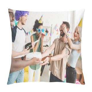 Personality  Young Men And Women Covering Eyes Of Young Friend And Greeting Him With Birthday Cake Pillow Covers