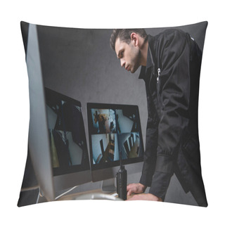 Personality  Focused Guard In Uniform Looking At Computer Monitor At Workplace  Pillow Covers