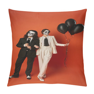 Personality  Couple In Skull Makeup And Festive Attire Near Black Balloons On Red,   Dia De Los Muertos Party Pillow Covers