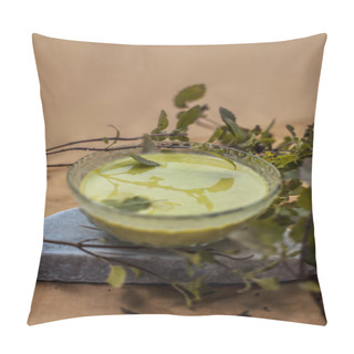 Personality  Fresh Ayurvedic Face Of Basil Leaves In Glass Bowl  Pillow Covers