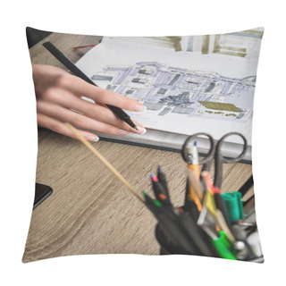 Personality  Selective Focus Of Womans Hands Thumbing Sketchbook On Wooden Table Pillow Covers