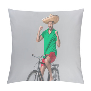 Personality  Cheerful Man In Mexican Sombrero Celebrating And Sitting On Bike On Grey Pillow Covers