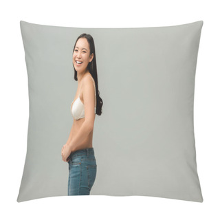 Personality  Happy And Overweight Asian Girl Wearing Jeans Isolated On Grey  Pillow Covers