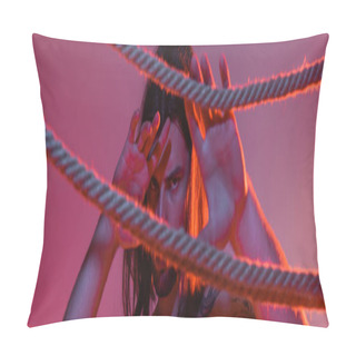 Personality  Bearded And Long Haired Man Touching Ropes On Purple Background With Light, Banner  Pillow Covers