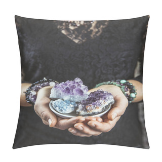 Personality  Healer Woman Holding Different Crystal Clusters( Amethyst, Celestite) In Palms Hands. Close Up View, Using Working With Crystals Concept. Pillow Covers