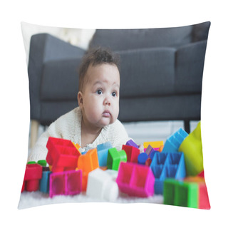 Personality  African American Baby Girl Crawling On Floor Near Blurred Colorful Building Blocks Pillow Covers