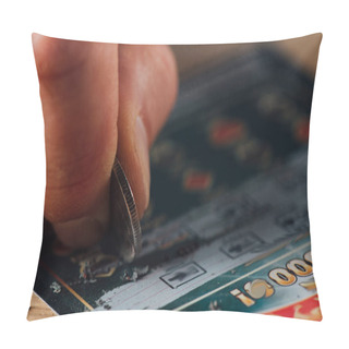 Personality  Close Up View Of Silver Coin In Hand Of Gambler Scratching Lottery Ticket Pillow Covers