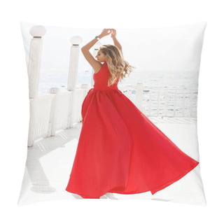 Personality Tender Flying Red Dress On The Perfect Shapely Lady. She Standing Outdoor Under The Sun And Looking At The Sea. Raised Her Hands Up To The Sky, Wind Waving Her Dress And Long Blonde Hair.    Pillow Covers