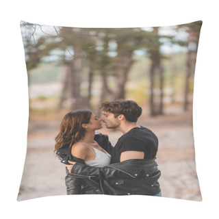 Personality  Side View Of Man Kissing And Taking Off Leather Jacket From Girlfriend In Forest  Pillow Covers