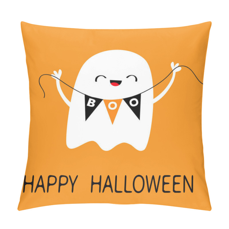 Personality  Happy Halloween. Flying Ghost Spirit Holding Bunting Flag Boo. Scary White Ghosts. Cute Cartoon Kawaii Spooky Character. Smiling Face, Hands. Orange Background. Greeting Card. Flat Design. Pillow Covers