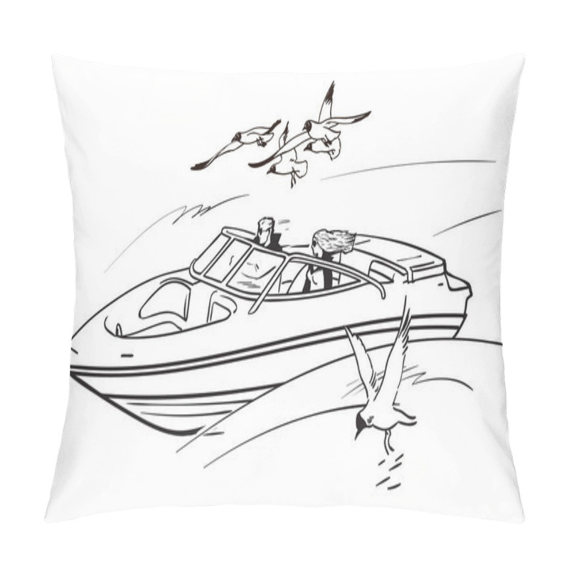 Personality  Young couple man and woman, driving speed motor boat among flying seagulls. Boy and girl on summer vacation. Sketch style hand drawn vector illustration. pillow covers