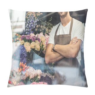 Personality  Cropped Image Of Smiling Florist Standing With Crossed Arms In Flower Shop Pillow Covers