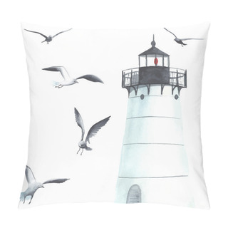 Personality  Watercolor Lighthouse And Seagulls Pillow Covers