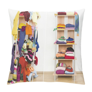 Personality  Before Untidy And After Tidy Wardrobe With Colorful Winter Clothes And Accessories. Pillow Covers