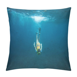 Personality  Underwater Photo Of Woman In Fins, Diving Mask And Snorkel Diving Alone In Ocean Pillow Covers