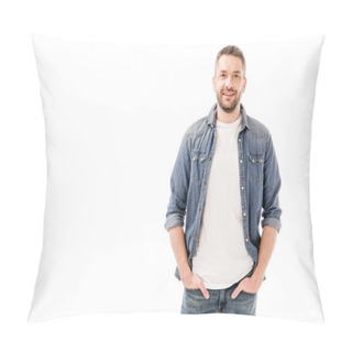 Personality  Front View Of Smiling Bearded Man In Denim Shirt Standing With Hands In Pockets Isolated On White Pillow Covers