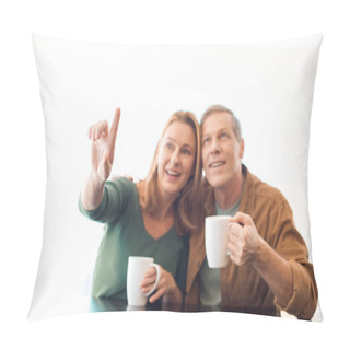 Personality  Selective Focus Of Couple Holding Coffee Cups While Woman Pointing With Finger Pillow Covers