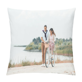 Personality  Man Helping Wife Ride Retro Bicycle On Sandy Riverside  Pillow Covers