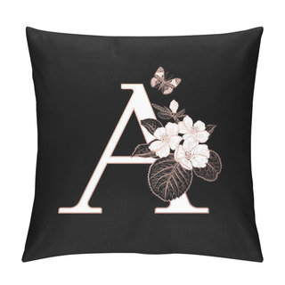 Personality  Letter A, Flowers Flowering Sakura Branches And Butterfly Isolated. Vector Decoration. Black, White And Gold. Vintage Illustration. Floral Pattern For Greetings, Wedding Invitations, Text Design Pillow Covers