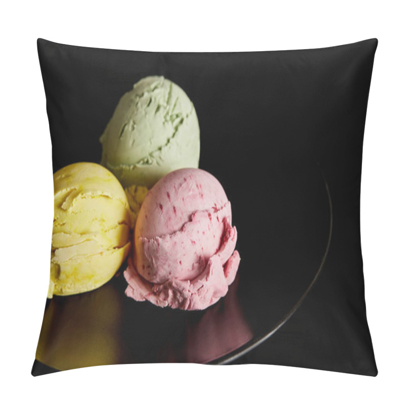 Personality  delicious yellow, pink and green ice cream balls on plate isolated on black pillow covers