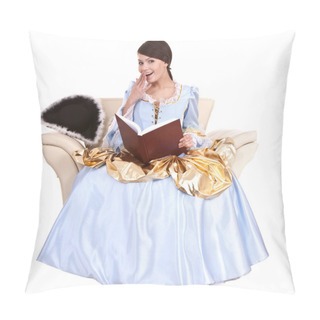 Personality  Girl In Blue Dress With Book On Chair. Pillow Covers