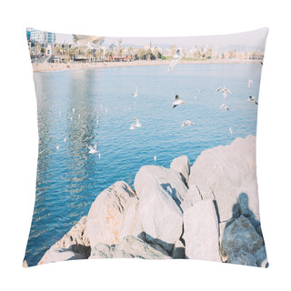 Personality  Coast Rocks And Calm Sea With Seagulls Flying Over Water, Barcelona, Spain Pillow Covers