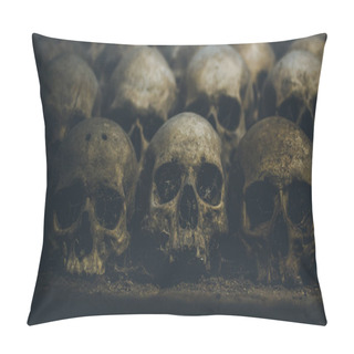 Personality  Collection Of Skulls Covered With Spider Web And Dust In The Catacombs. Rows Of Creepy Skulls In The Dark. Abstract Concept Symbolizing Death, Terror, And Evil. Pillow Covers