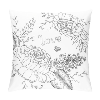 Personality  Hand Drawn Peonies With Leaves Monochrome Sketch For Coloring Book With Love Vector Illustration Pillow Covers