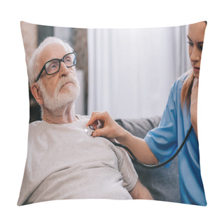 Personality  Nurse With Stethoscope Checking Heartbeat Of Senior Man Pillow Covers
