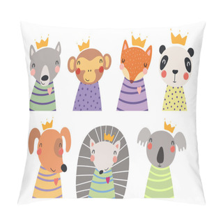 Personality  Set Of Cute Funny Little Animals In Crowns, Scandinavian Style Flat Design, Concept For Children Print Pillow Covers