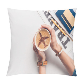 Personality  Cropped Shot Of Woman Holding Cup Of Coffee With Plane Sign At Tabletop With Credit Card, Passport And Ticket, Traveling Concept Pillow Covers