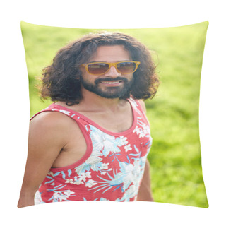 Personality  Smiling Young Hippie Man On Green Field Pillow Covers