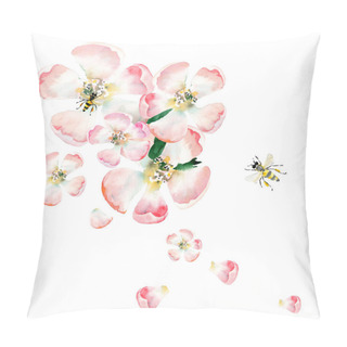 Personality  Sophisticated Beautiful Cute Lovely Tender Herbal Floral Spring Flowers Of Apple With Green Leaves And Bees Composition Watercolor Hand Illustration Pillow Covers