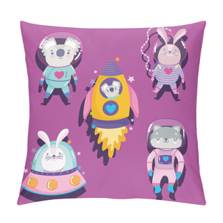 Personality  Space Astronaut Koala Rabbit And Cat Rocket Ufo Adventure Explore Animals Cartoon Pillow Covers