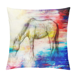 Personality  Draw Pencil Horse On Old Paper, Vintage Paper And Old Structure With Color Spots. Pillow Covers