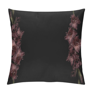 Personality  Beautiful Dark Purple Gladioli Flowers With Buds Isolated On Black Background Pillow Covers
