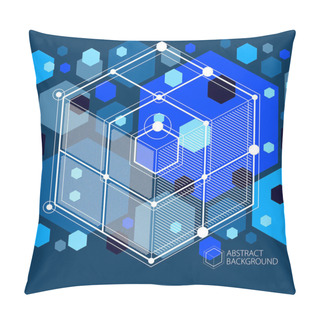 Personality  Isometric Abstract Dark Blue Background With Linear Dimensional Cube Shapes, Vector 3d Mesh Elements. Layout Of Cubes, Hexagons, Squares, Rectangles And Different Abstract Elements.  Pillow Covers