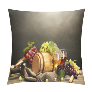 Personality  Barrel, Bottles And Glasses Of Wine And Ripe Grapes On Wooden Table On Grey Background Pillow Covers