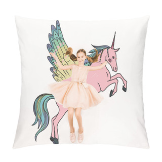Personality  Top View Of Cheerful Kid Looking At Camera And Gesturing Near Unicorn On White  Pillow Covers