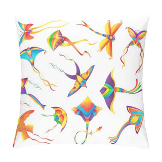 Personality  Flying Paper Kites Decorated Colorful Ribbons Set. Kids Toys, Indian Makar Sankranti Festival Symbols, Butterfly, Dragonfly And Bird, Golden Fish Shape Kites Cartoon Vector Pillow Covers