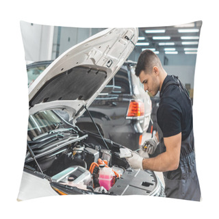 Personality  Young Mechanic Wiping Oil Dipstick With Rag Near Car Engine Compartment Pillow Covers