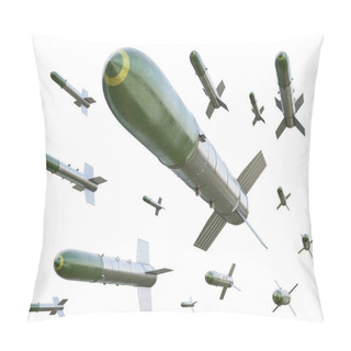 Personality  3d Render Illustration Of A Swarm Of Aircraft Rockets From World War Era. Isolated Background. Pillow Covers